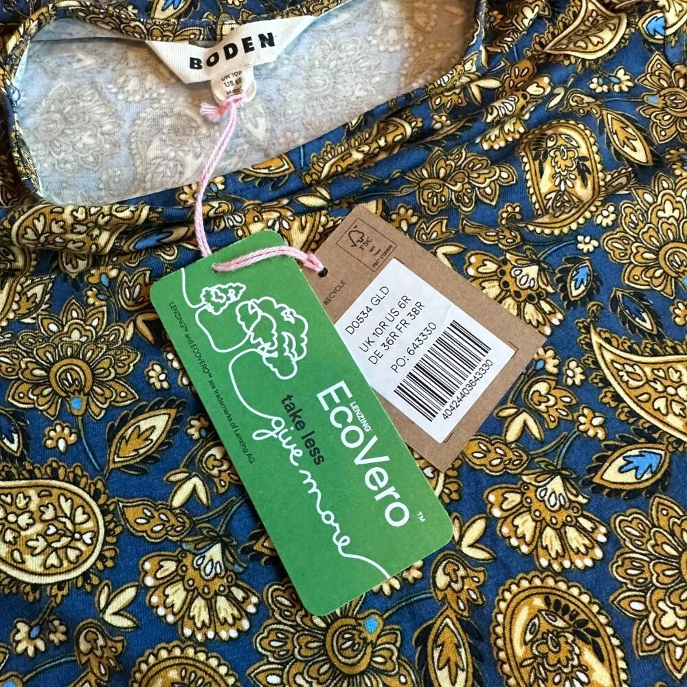 Boden Short Sleeve Jersey Knit Shirt Dress Stretch Gold Paisley Size 6R NWT Blue - Image 10