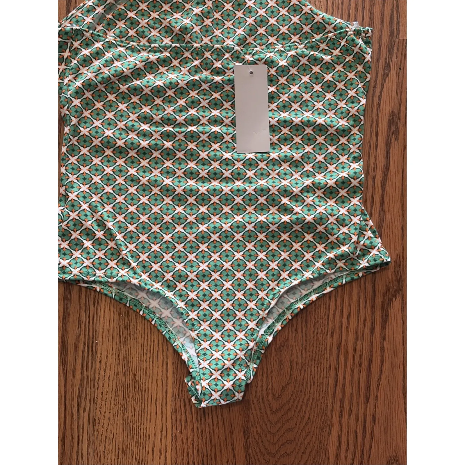 Vintage 90s Y2K Green Orange Geometric  Halter Top Tie Back Body Suit‎  NWT - Image 8