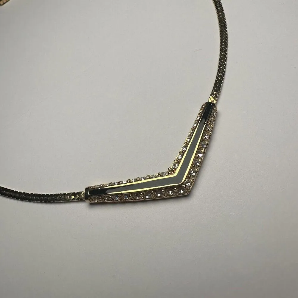 Swarovski (Swan Signed) Crystal & Black Enamel Gold Tone Necklace - Image 2