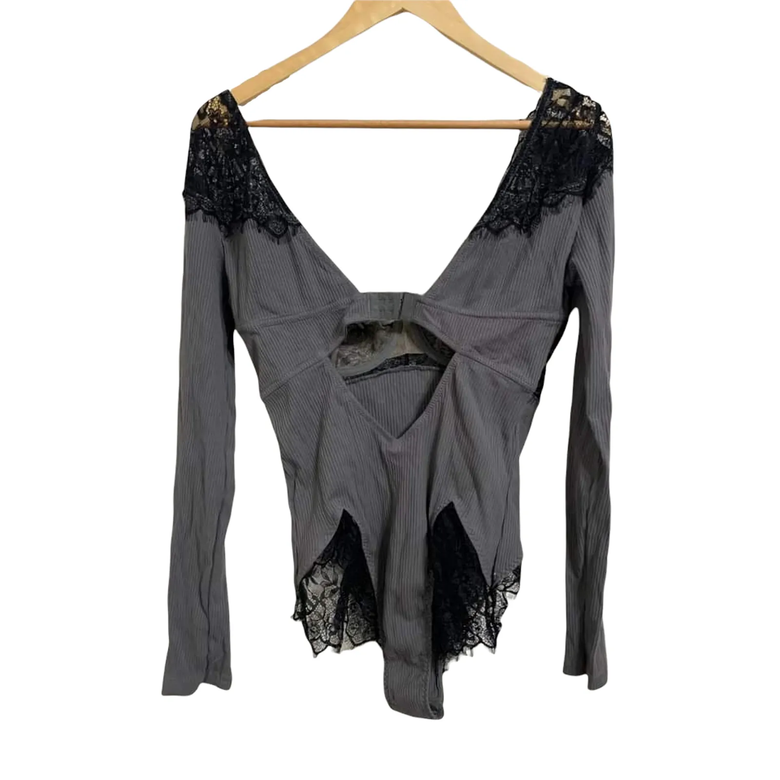 OH LA LA CHERI Women's Rib Knit And Eyelash Lace Teddy Grey Black Size L NWT‎ Size L - Image 5