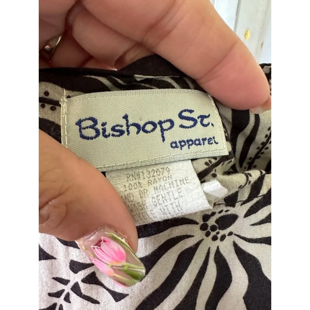 Bishop St. Apparel Hawaiian Tiare Flowers Tropical Leaves Sleeves Sundress S Black - Image 4