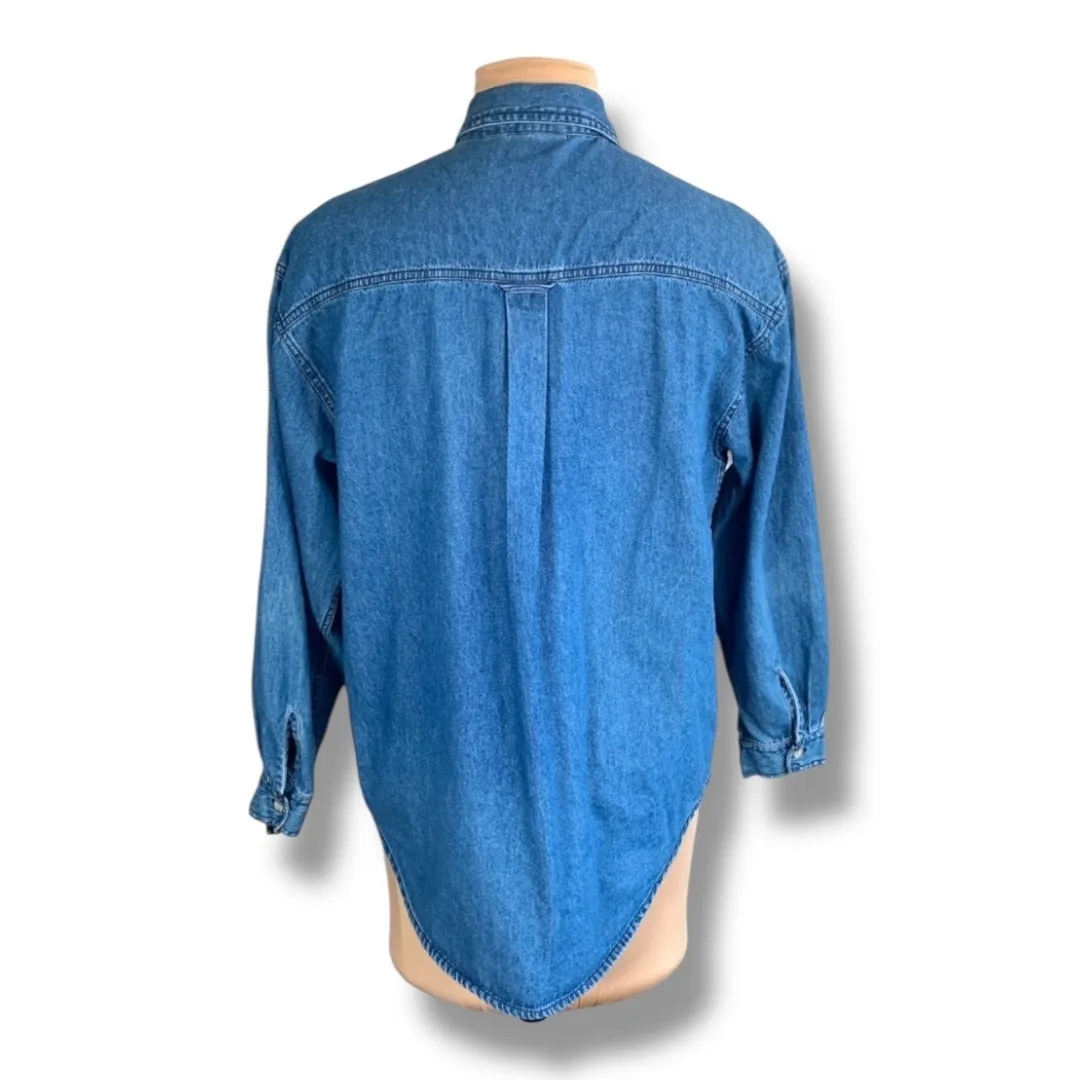 Vintage 90s Denim Chambray Christmas Shirt Embroidered Mittens Medium Holiday Blue - Image 9