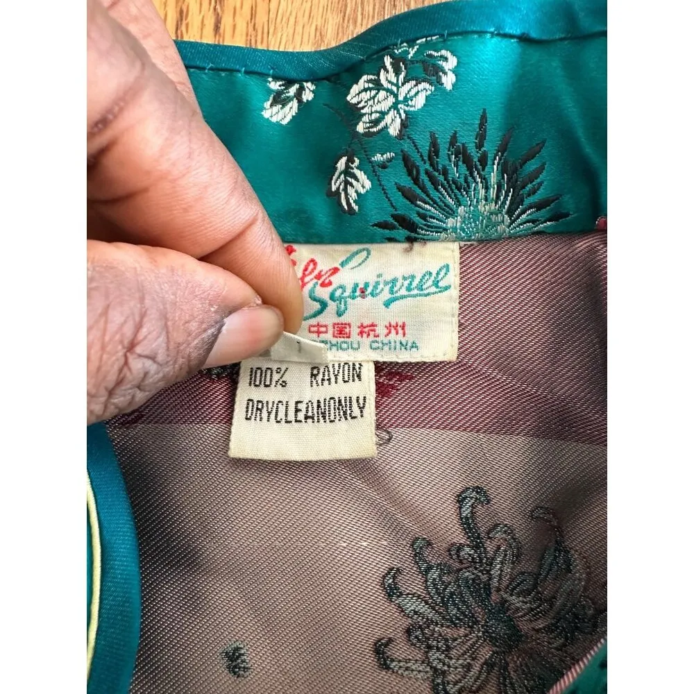 Vintage Teal Chinese Silk Floral Blouse Short Sleeve Size 40 By Folk Squirrel Green - Image 10