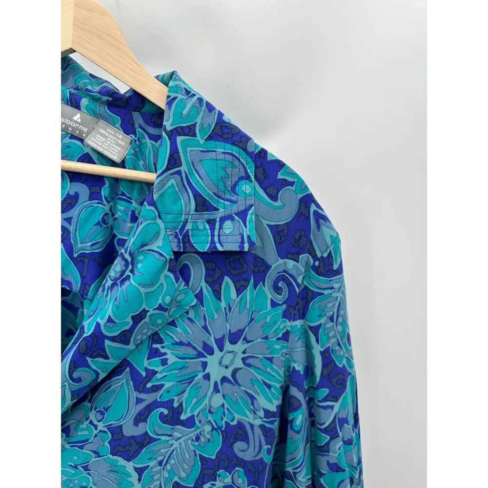 Liz Claiborne Dresses Sweater Women 14 Blue Floral Print Long Sleeve 100% Silk - Image 4