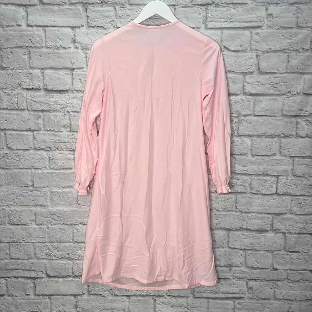 Vintage JCPenney Nylon Fleece Short Nightgown Pink Lace Long Sleeve Size M 70s Size M - Image 6