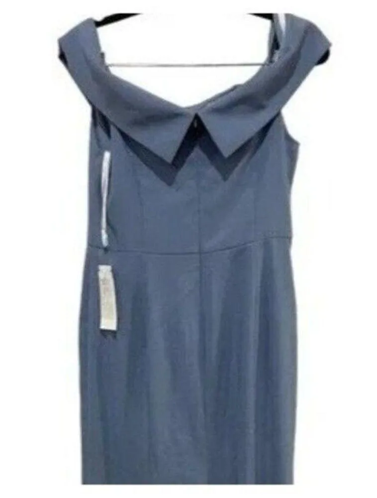 NWT Alfred Sung Off The Shoulder Trumpet Gown V Neck Maxi Dress 4 Larkspur Blue - Image 6