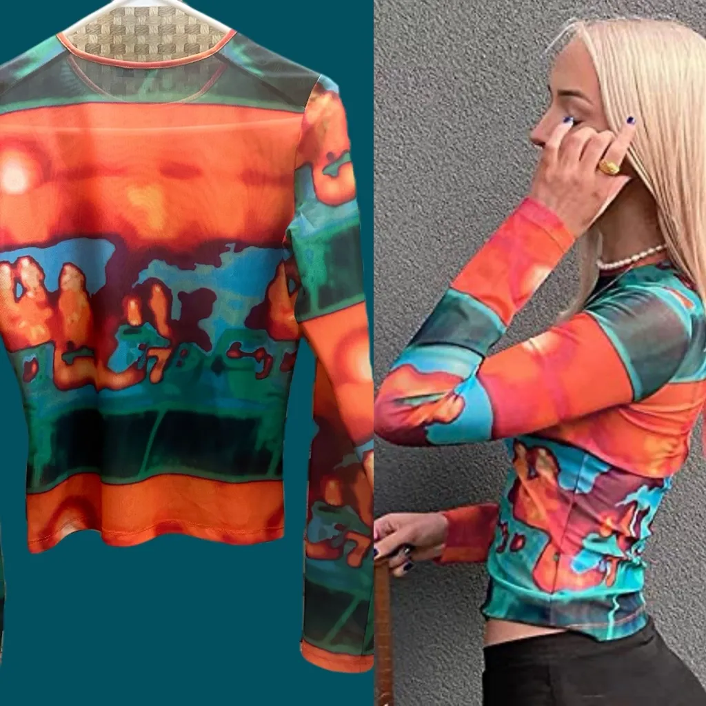 Miaou Multicolor Abstract Long Sleeve Blouse Size M Green Size M - Image 2