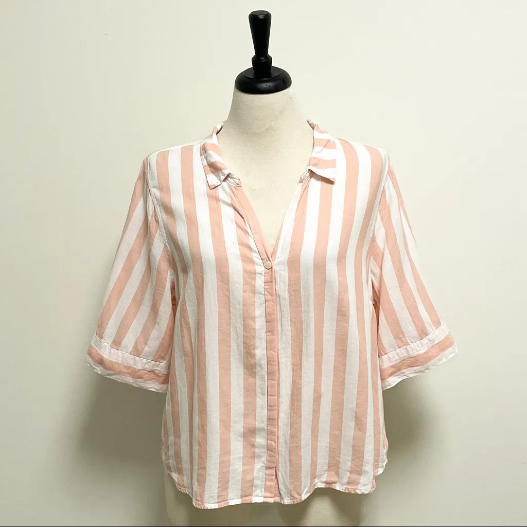 J Crew Peach White Stripe V Neck Button Down 1/2 Sleeve Blouse XL Cotton Collar - Image 2