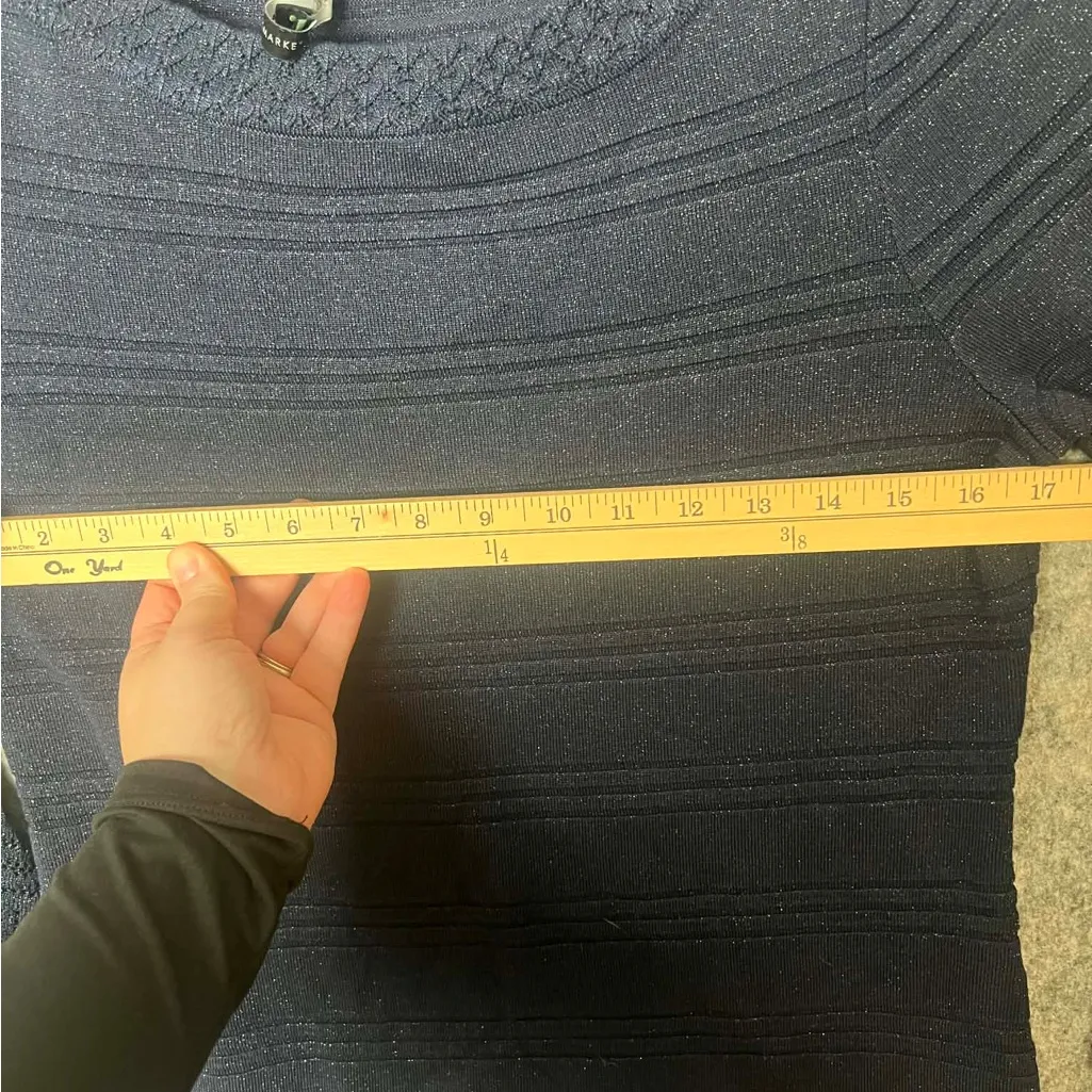 White House Black Market Woman Medium Sweater Flare Sleeve Navy Shimmer Top - Image 3