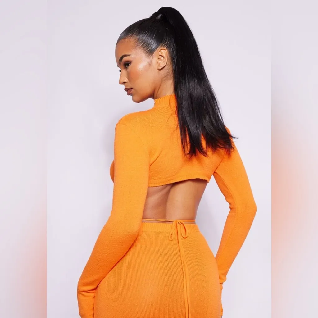 NWT Pretty Little Thing Orange Tie Back Cropped Long Sleeve Top - Image 5