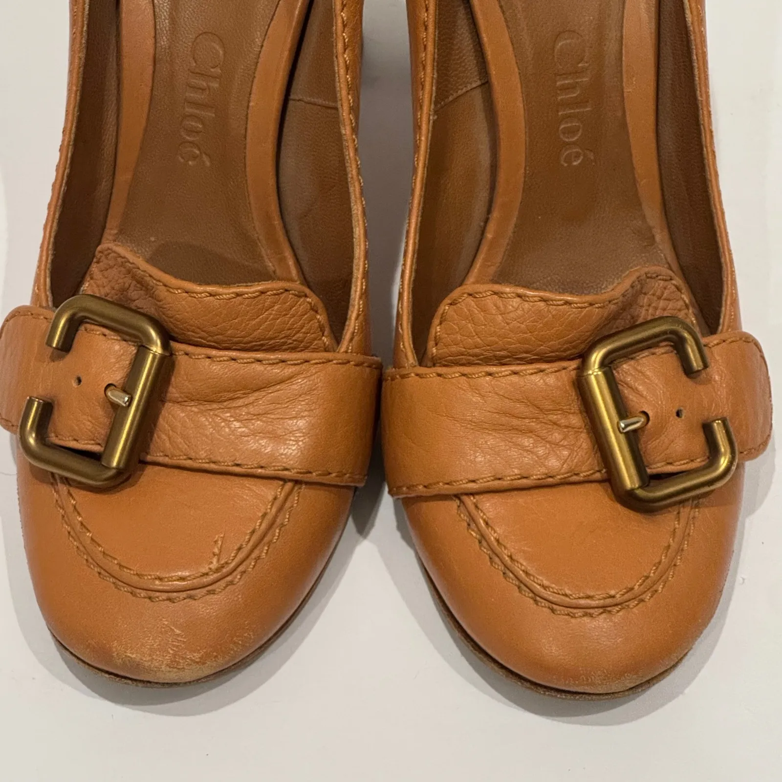 Chloe Women Tan Leather Block Heel Loafer Pumps Buckle Size 37 Preppy Schoolgirl - Image 8