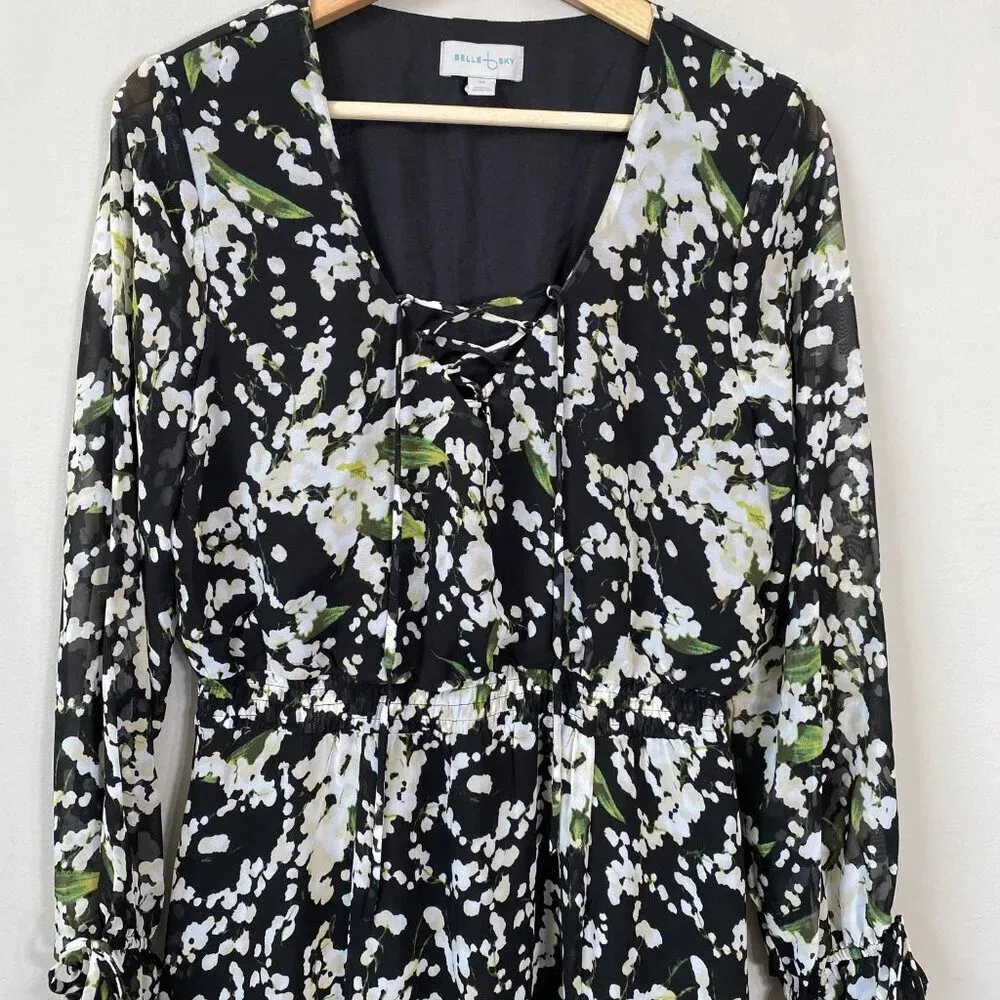 Belle Sky Women's Medium Balloon Sleeve Boho Floral Tie V-Neck Maxi Dress Black - Image 8