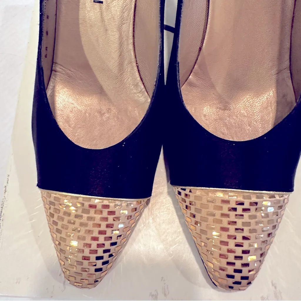 St. John Gladys Satin Pumps Women's 8AA Black Gold‎ Toe Leather Sole Vintage - Image 2