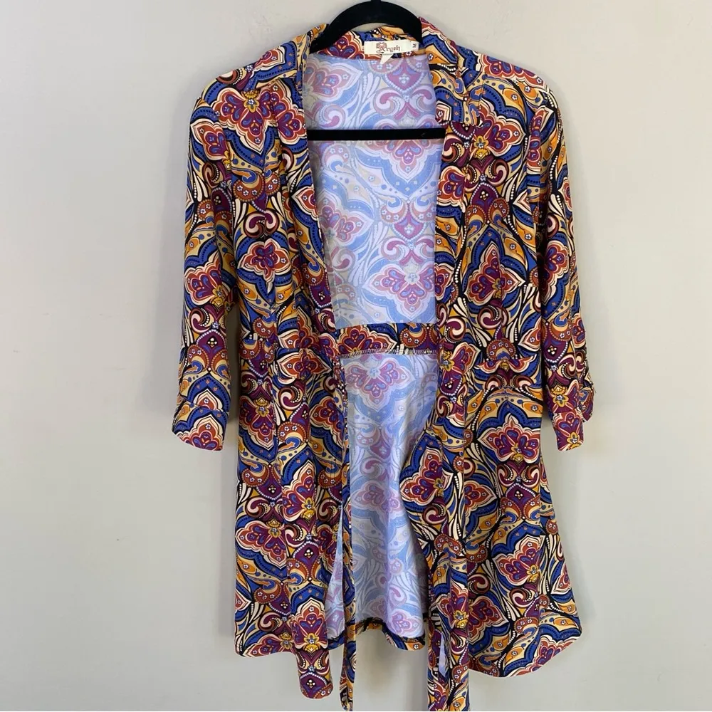 Aryeh boho stretch 3/4 sleeve multicolor printed wrap mini dress Medium - Image 9