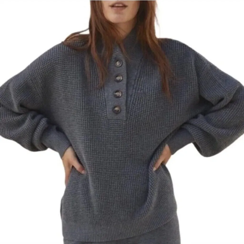 Lunya Good in Bed Waffle Sweater Cotton Silk Henley Onyx Front Button Heavy Knit Gray Size M - Image 1
