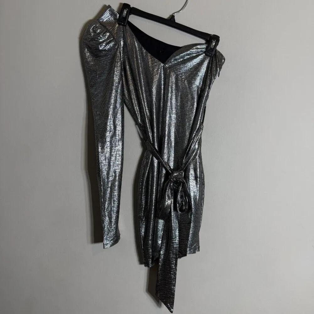 NBD Revolve Aoki One Shoulder Mini Dress Women's Small Silver Metallic Party - Image 6