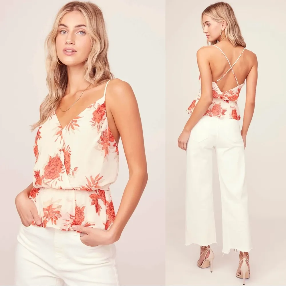 ASTR • Strappy Floral Cami draped surplice chiffon Red Taupe Floral cream orange - Image 6