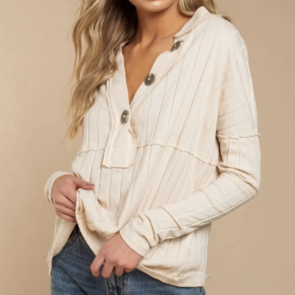 Free People We The Free ‘In The Mix’ slouchy ribbed cotton blend henley top L - Image 2