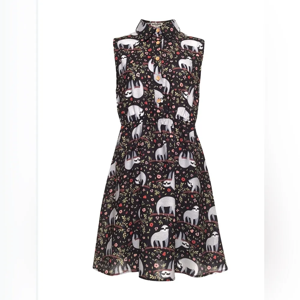 La Vie Lente Sleeveless Sloth Print Shirtdress S/M Quirky Novelty Button Up Black Size undefined - Image 2