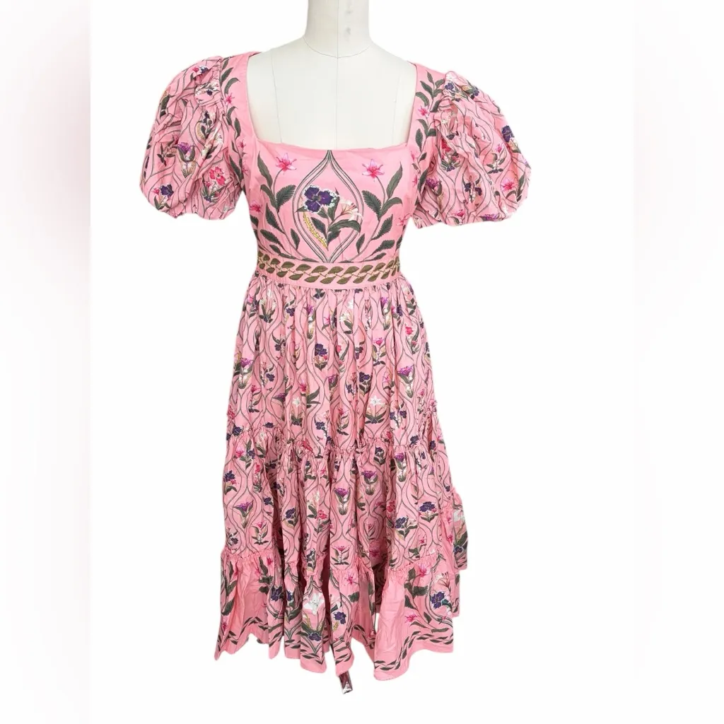 Agua Bendita Lima Linen Pink Floral Midi Dress size medium - Image 3