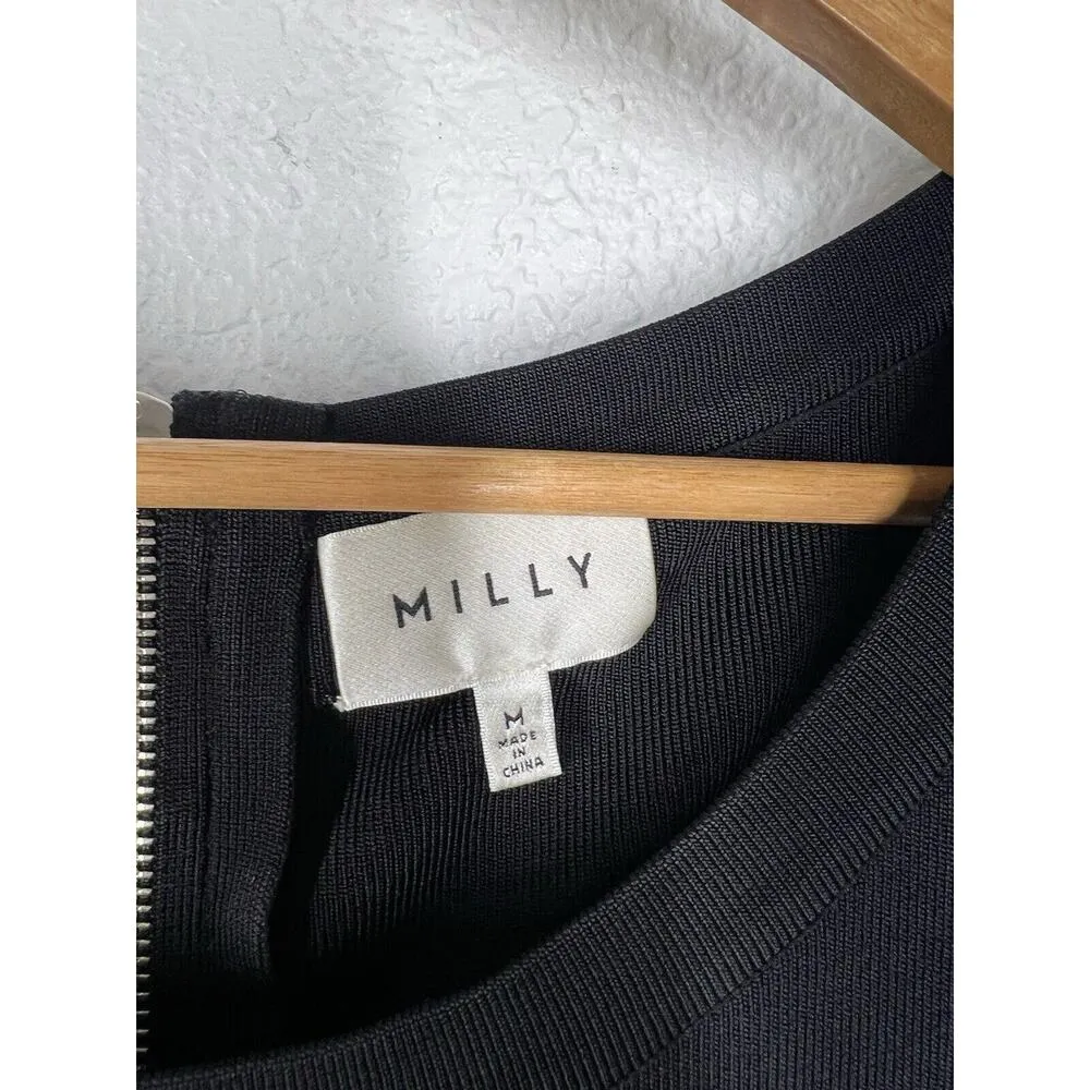 Milly Stretch Knit Fit And Flare Dress Medium Black White Stripes - Image 3