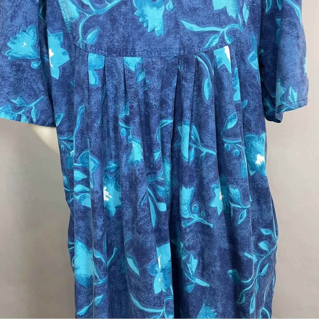Vintage Muumuu Dress Blue Floral Relaxed Fit Pockets Buttons Gathered Shoulders‎ Size L - Image 14