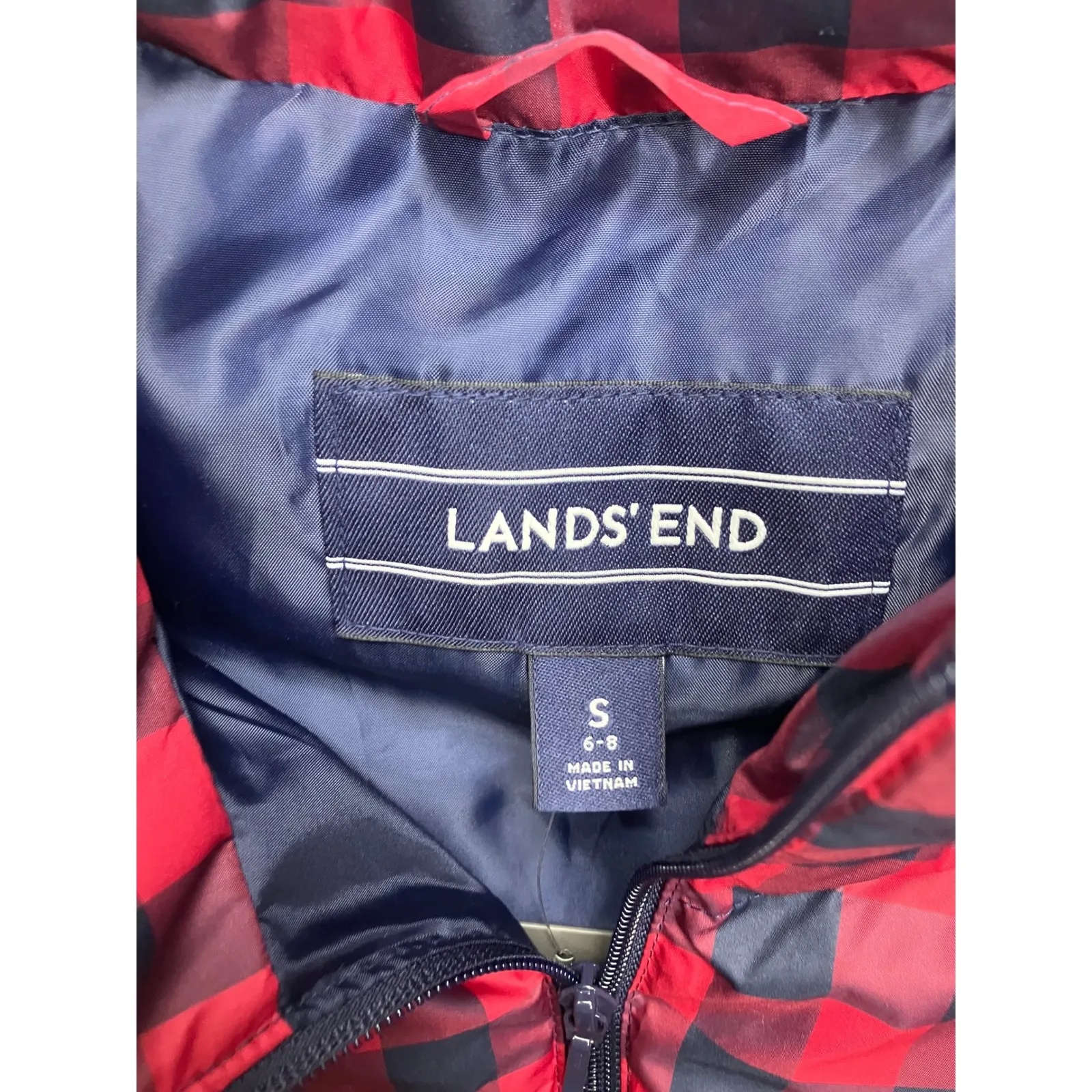 Lands End Womens Plaid Puffer Vest Red Black Full Zip Quilted Down Size S New - Image 2