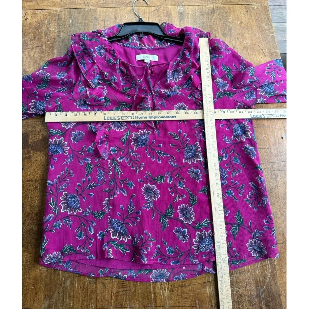 Boho Soft Ruffled Collar Color Tunic Size Large Magenta Floral Tie Neck GA - Image 8