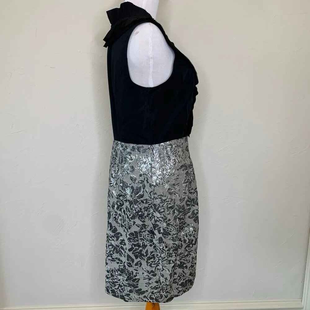 BCBGMAXAZRIA Pleat Ruffle Silver Brocade Dress Size 10 - Image 4