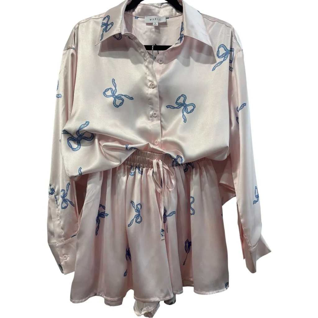 New MABLE Button Down Silky Soft‎ Pajama Shorts Set Light Pink / Blue Bows Small - Image 3