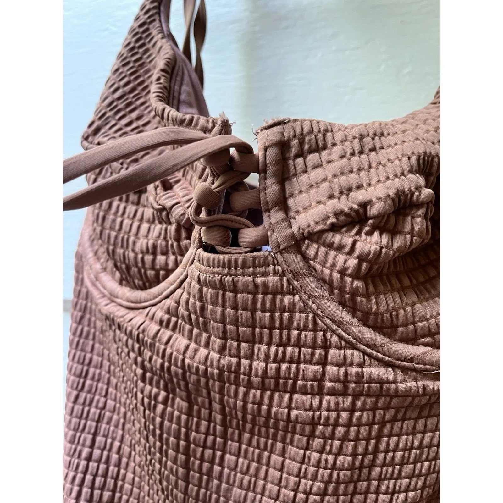 Time And Tru Chcolate Mousse Smocked Tie Front Swimsuit Adjustable Strap Medium Pink - Image 5