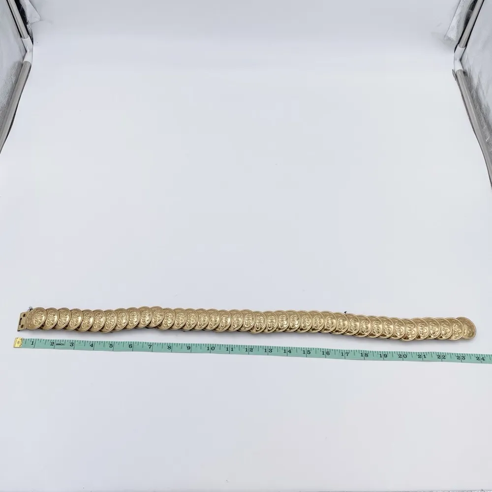 Vintage 80s Gold Coin Medallion Embossed Disc Stretch Belt One Size Boho Glam - Image 10