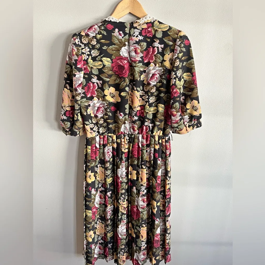 Vintage 70s Floral Prairie Dress Lace Collar Pearl Necklace USA Size 8 Pink - Image 10