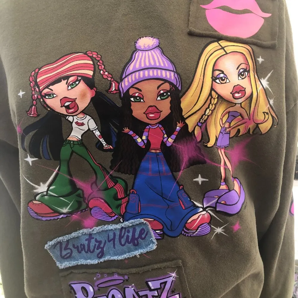 Vintage Y2K Bratz cotton oversized sweatshirt hunter green pink patchwork Sz XS - Image 7