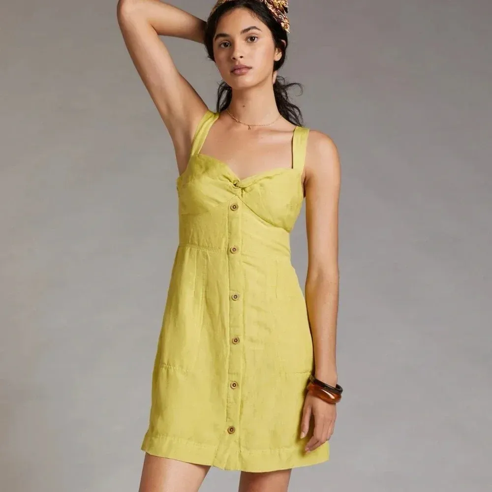 Anthropologie Maeve Yellow Linen Blend Twist Front Dress Size XL - Image 3