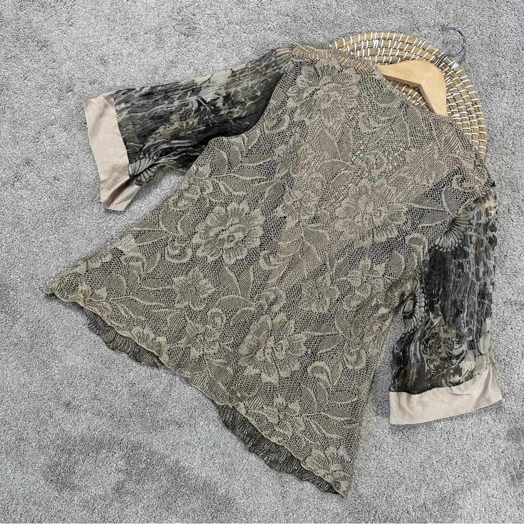 Spencer Alexis Vintage Silk Blend Kimono Top Floral Lace Embroidered Fairy L Tan Size L - Image 6