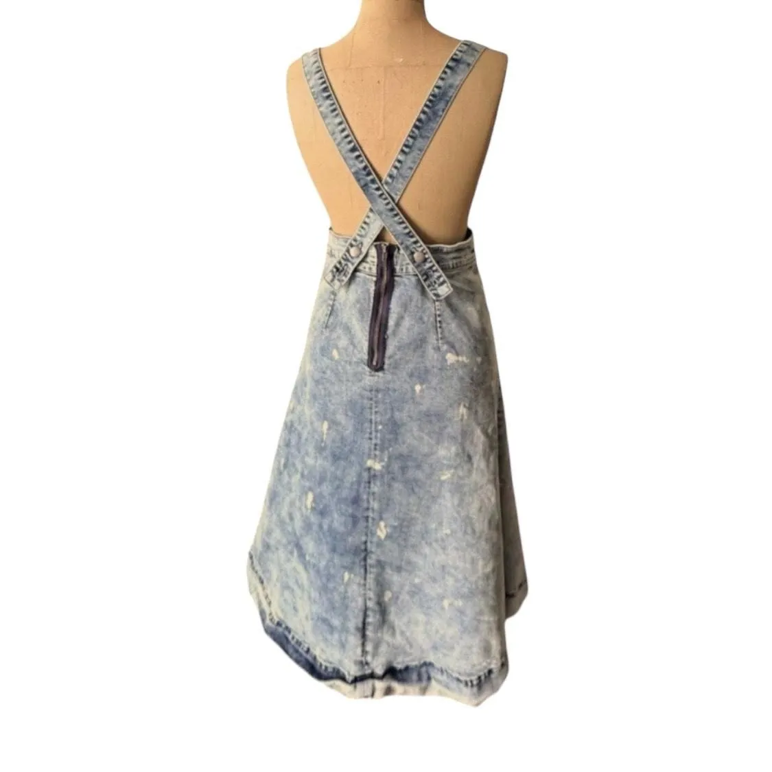 Plenty By Tracy Reese Light Blue Acid Wash Splatter Suspender Skirt A-Line - Image 4