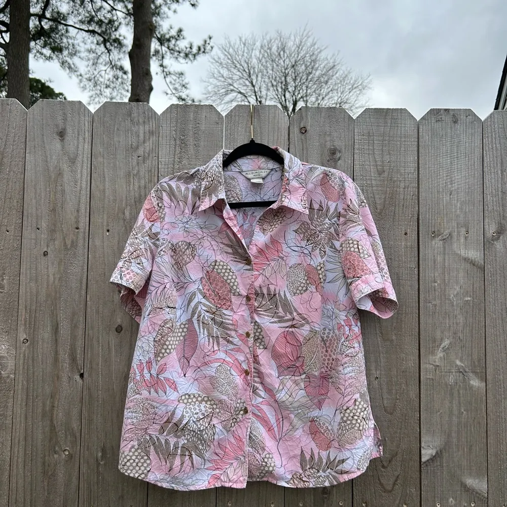 Allison Daley Pink Womens‎ size 14 Petite Button Down Blouse Shirt Floral Leaf - Image 3