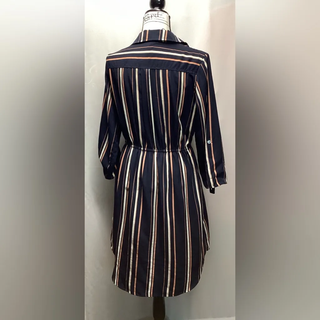 She + Sky mini dress with curved hem. Navy, coral and cream stripes. Size Large - Image 4
