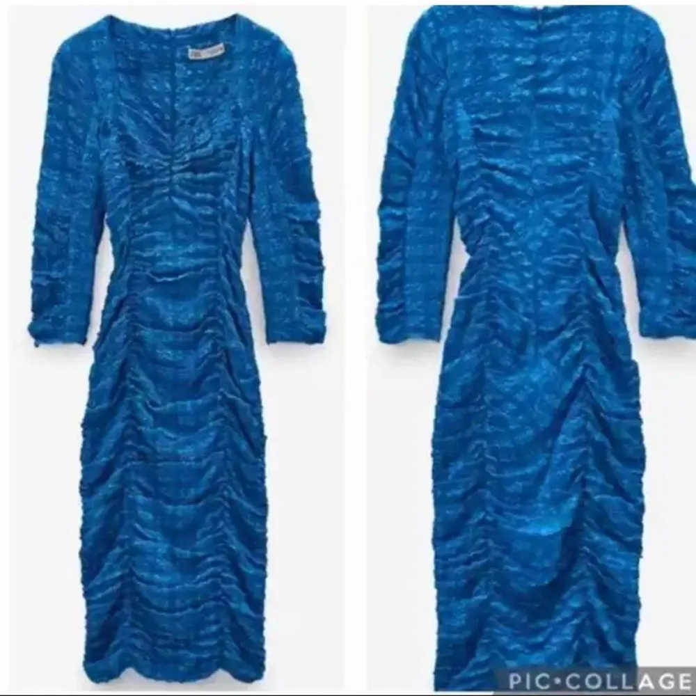 Zara Bright Blue Ruched  Bodycon Midi Dress  Bloggers Favorite Size L - Image 10