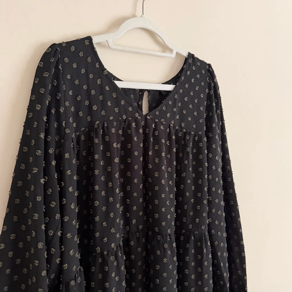 ODDI Black Long Sleeve Tiered Dress Women’s L Textured Dot Boho Midi - Image 3