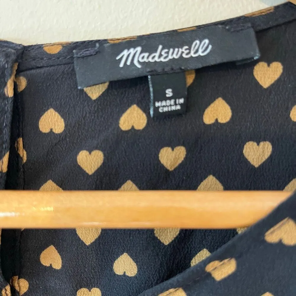 MADEWELL Silk Tiered Button-Back Top Heart Flip Black Gold 3/4 Sleeve Blouse siz - Image 10