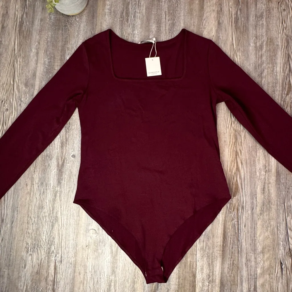 Mangopop Women Square Neck Burgundy One Piece Long Sleeve Body Suit Plus XXL - Image 2