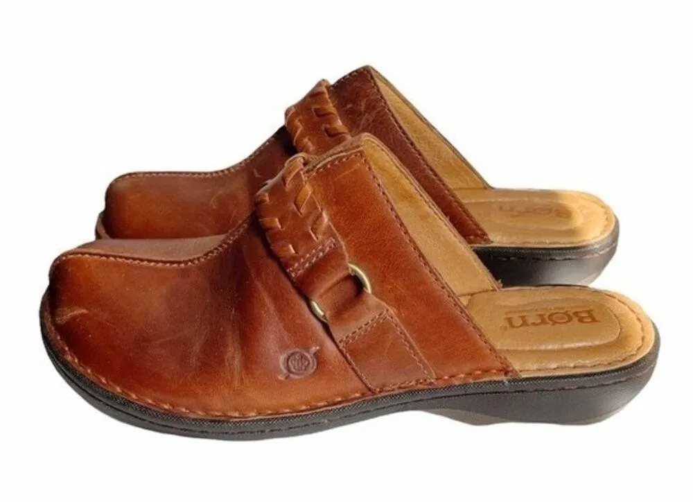Born Mules Brown Leather Saddle Stich Braided Decorative Strap Women’s Size 7 - Image 5