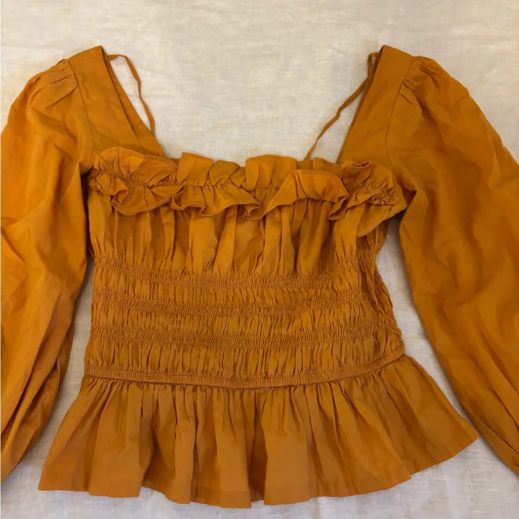 FREE PEOPLE KEEP THE ROMANCE BABYDOLL SMOCKED TOP yellow mustard Small - Image 4