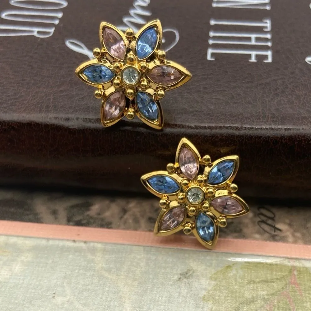 1960s Vintage Floral Crystal Earrings Gold Tone Blue Pink Holiday Retro Glam - Image 2