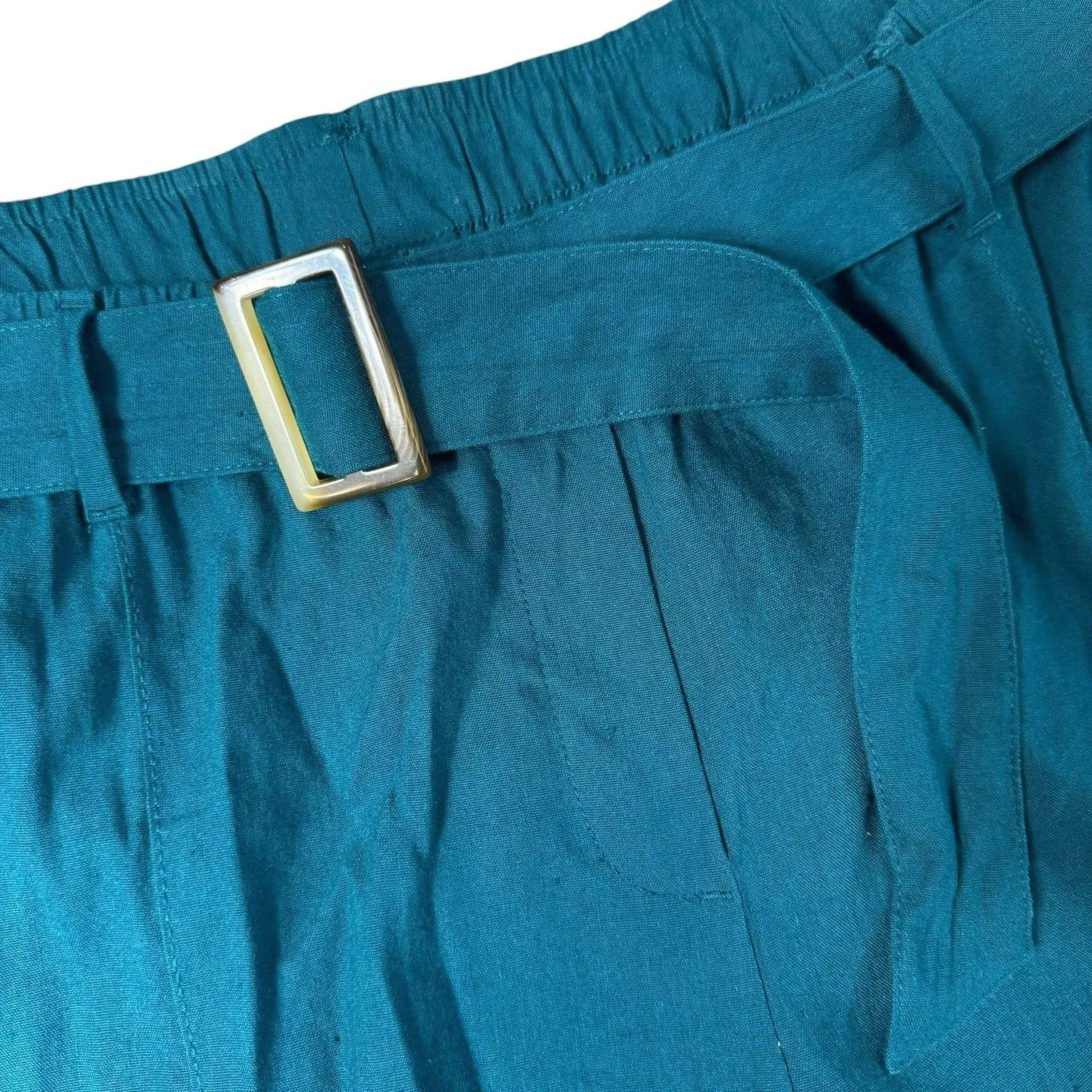 J Jill Linen Stretch Pants Size 2X Plus Green Teal Cropped Belt Quiet Luxury - Image 3