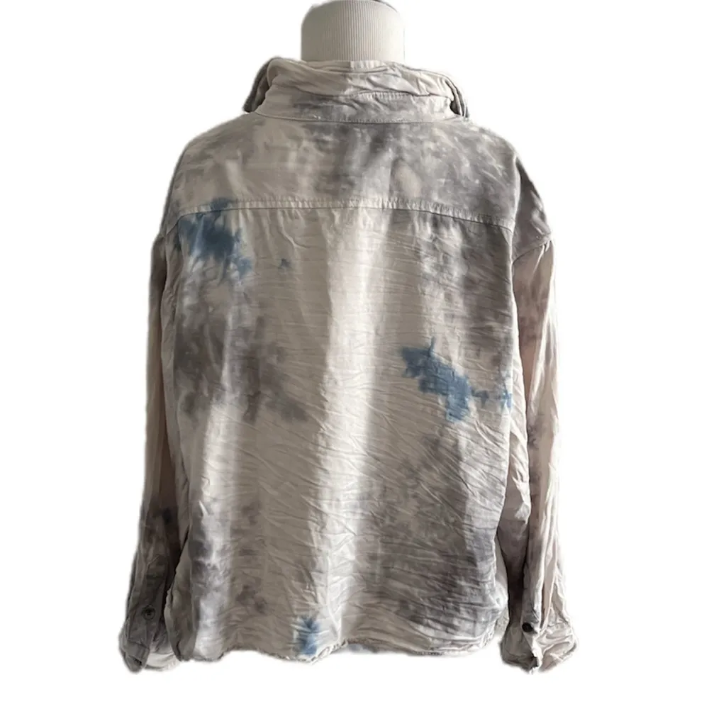 Vintage Havana Tie Dye Distressed Button Down Hi-Lo Crop Tencel Shirt | Medium - Image 3