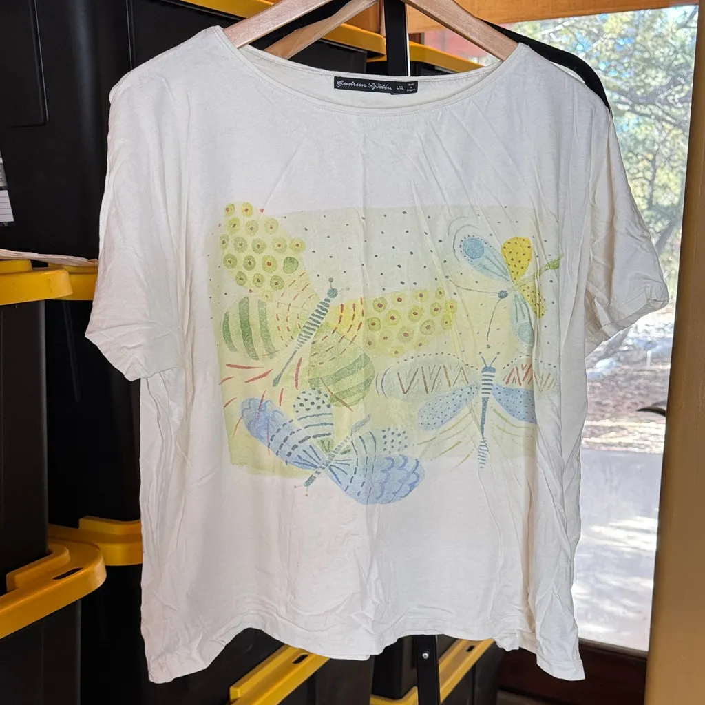 Gudrun Sjoden Cream Organic Cotton Butterfly Boxy Tee Size Large / XL Oversized Green - Image 2