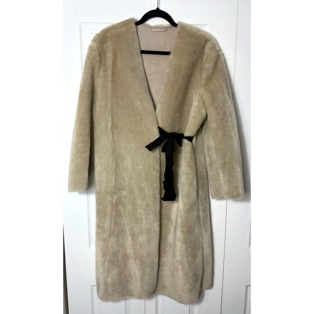 H&M Cream Beige Faux Fur Suede Lined Coat Black Contrast Waist Tie Size Large - Image 9